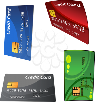 Colorful glossy bank credit cards set with electronic chips, for banking or finance themes design 