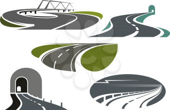 Mountain tunnels, highways, overpass road with bridge and winding bypass rural roads. Icons for travel or transportation themes