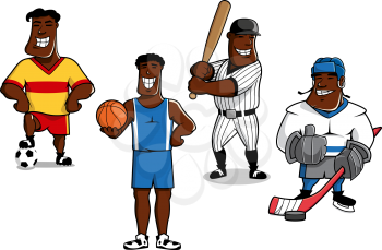 Cheerful african american soccer, basketball, baseball and ice hockey players cartoon characters with balls, pack, bat and stick, for sports mascot or lifestyle concept