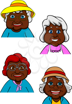 Cheerful active african american old women or ladies cartoon characters with elegant gray and red hairstyles, hats and glasses
