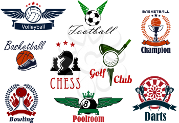 Sports game club or team emblems with volleyball, football, soccer, basketball, golf, chess, poolroom, darts and bowling with sport items and heraldic elements
