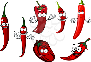 Red spicy hot chilli and sweet juicy bell peppers vegetables cartoon characters with happy smiling faces, for healthy spice or agriculture theme