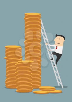 Cartoon successful businessman climbing to stacks of golden coins. Success, wealth or fast money concept design