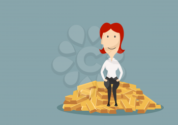 Happy rich cartoon redhead businesswoman sitting on a big pile of gold bars. Wealth or financial success concept theme