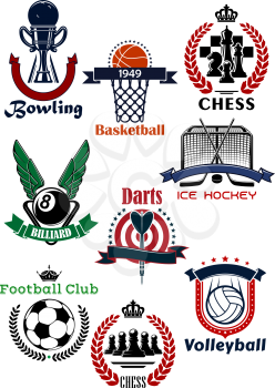 Sport games symbols and icons with items of soccer, football, basketball, ice hockey, billiards, bowling, volleyball, chess and darts. Supplemented by trophy cups and heraldic design elements