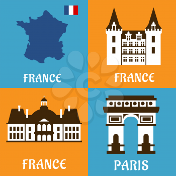 French landmarks flat icons with national map and flag, triumphal arch, palace and castle. Travel usage set