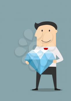 Successful and happy cartoon businessman standing with large shining diamond in hands. Lucky or wealth concept themes usage