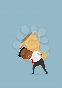 Exhausted cartoon african american businessman carrying on back a large heavy trophy cup