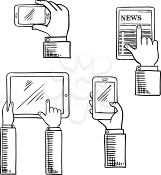 Modern digital devices with businessmen hands which using smartphones and tablet computers. Communication or mobile technology sketch icons