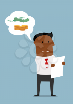 Dreamy smiling cartoon businessman studying the contract and thinking about money. Business and finance planning concept usage