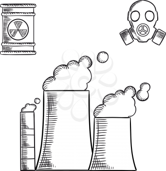 Destruction and environment pollution sketch icons with fuming chimneys and industrial pipes of chemical or power plant, radioactive waste with hazard sign and gas mask