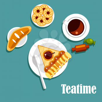Teatime food flat icons of served table with cup of fresh tea, piece of apple pie, cookies with jam, sweet bun and candies 