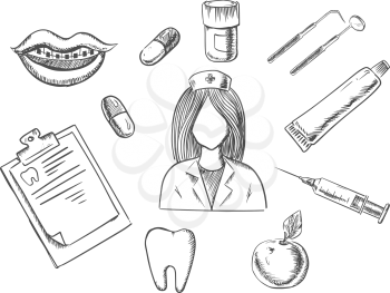 Dental sketch icons with a nurse surrounded by apple, notebook, tablets, mouth with braces, tooth, instruments and toothpaste. Medical, dentistry and healthcare concept