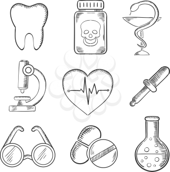 Medical and healthcare sketched icons with a tooth, dentistry, poison, microscope, heart with ECG, spectacles, dropper and laboratory tube. Sketch style icons