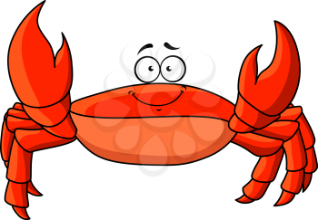 Cheerful smiling cartoon red crab with upward claws. Funny lightfoot red crab character, for underwater or wildlife, childish book or menu design