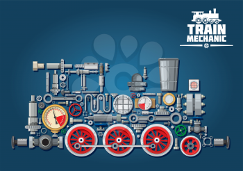 Steam locomotive train made up of mechanical parts as steam engine, transmission system, gearbox, cogwheels, colorful pressure gauges, valves, running gears with wheels, cylinders, pipe, headlights