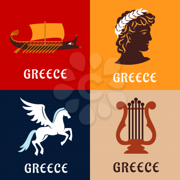 Culture, history and mythology flat icons of ancient Greece with winged Pegasus, greek athlete with laurel wreath, elegant lyre and war galley