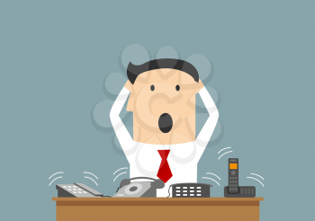 Cartoon businessman clutching a head in panic on workplace. In office many telephone calls at once. Business concept of overwork and stress