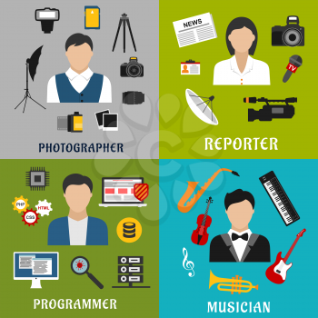 Professions flat icons of musician with musical instruments, photographer and reporter with equipment, photo and newspaper, programmer with computer, PC security, programming code and viruses 