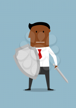 Brave businessman warrior with shield and sword ready for defense. Security, business battle or financial protection concept