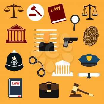 Law, justice and police flat icons set. Lawbook, prisoner photo, handcuff, gun, fingerprint, policeman peaked caps, court building, magnifier, gavel, scales, paper scroll and briefcase