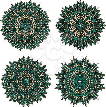 Abstract circular floral patterns of emerald lace flowers, densely packed with ornamental petals and leaves. Decorative patterns for tile, carpet design or interior elements