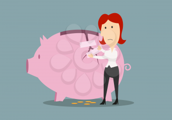Money savings and financial safety concept. Frustrated redhead businesswoman fixing the crack on the side of piggy bank with repair tape or plaster