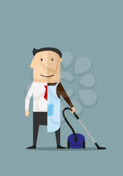 Balance between business and personal life concept. Cartoon smiling businessman in suit and necktie on the left and in apron with vacuum cleaner on the right