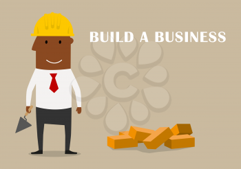 Build a business and start-up theme concept. Cartoon businessman in yellow hard hat building a new business with mason trowel and bricks