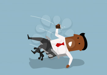 Distracted cartoon african american businessman fall backwards in an office chair, spilling water from paper cup. Distraction and accident at workplace concept