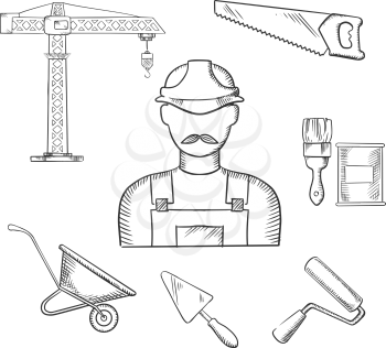 Builder profession and construction industry sketched icons with man in hard helmet and overalls with tower crane, hand saw, trowel, paintbrush, paint can, wheelbarrow and paint roller. 