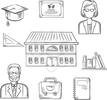 School education sketch design with a school building surrounded by icons depicting male and female teachers, books, briefcase, graduation hat, tablet, notebook and school building. Sketch vector