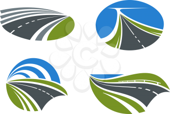 Modern paved roads and speed highways passing among scenic nature landscapes with green fields, lake and bright blue sky above. Isolated transportation symbols for travel design