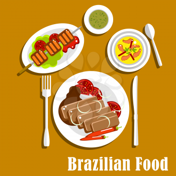 Traditional dinner of brazilian cuisine with feijoada stew with pork and beans, served with fresh tomatoes and chilli pepper, grilled picanha on lettuce, creamy pumpkin soup with shrimps and mate tea