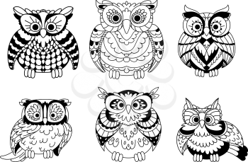 Cartoon colorless old wise great horned owls birds with curly plumage. Decorative birds for children book, Halloween design or mascot usage