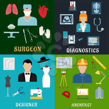 Surgeon, medical laboratory assistant, tailor and architect professions flat icons with surgery, medical diagnostics, clothing design and construction industry symbols