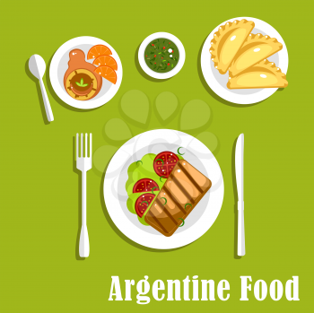 Traditional argentine cuisine flat icons with asado, served with grilled beef steak and tomatoes on lettuce, empanadas, dulce de leche milk candy with fresh oranges and cup of mate tea