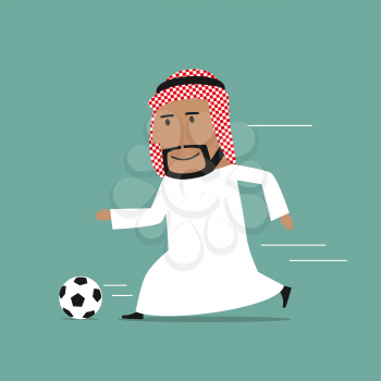 Cartoon arabian businessman in white clothes and keffiyeh playing football. Leisure activity and healthy life style business concept design