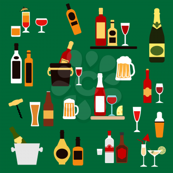 Drinks, alcohol and beverages flat icons with wine bottles, champagne, beer, whiskey, vodka, rum, gin and liquor, cocktails, ice buckets, shaker and corkscrew
