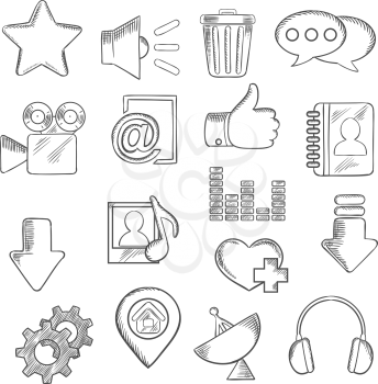 Multimedia icons with chat speech bubbles, mail, load arrows, thumb up, map pin, home page, favorite star and heart, video, contacts playlist, equalizer trash, gears headphones, antenna and speaker