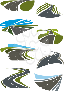 Roads and highway icons set. Gray asphalt roads, green fields and blue sky on the horizon. Vector icons and symbols