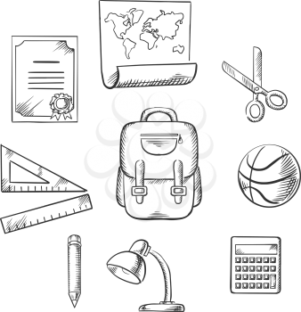 Hand drawn education and school infographic elements with diploma, world map, scissors, ruler, satchel, ball, pencil, lamp and calculator. Vector sketch icons