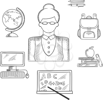 Teacher profession sketched icons with woman in glasses surrounded by school supplies icons such as schoolbag, blackboard, desktop computer, globe, pen, pencil, books and apple. Vector sketch style