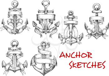 Old heraldic anchors with wavy ribbon banner or paper scroll. Sketch style. Nautical heraldry, marine, journey and adventure design usage