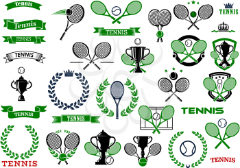 Tennis sport game icons and symbols wit heraldic elements as rackets, laurel wreath, banners, ribbons, trophy, balls and crowns
