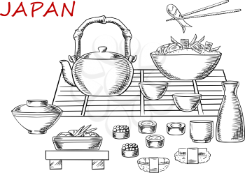 Japanese seafood sketch with sashimi and sushi rolls below a table set with a teapot, fresh salad and bowl of rice and prawns with one held in chopsticks. Vector sketch