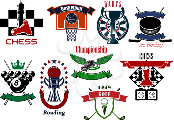 Sport game emblems and symbols in retro style for football or soccer, billiards, golf, ice hockey, chess, basketball, darts and bowling game design. Isolated on white