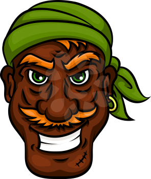 Laughing pirate cartoon man with dark skinned mustached pirate sailor in green bandanna. Funny character for marine, piracy, children book or sailing theme design 