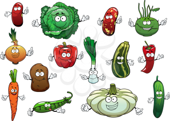 Happy vegetables cartoon characters with fresh potato, carrot, red chilli and bell peppers, onion, cucumber, green pea, cabbage, zucchini, brown beans, kohlrabi, leek and pattypan squash 