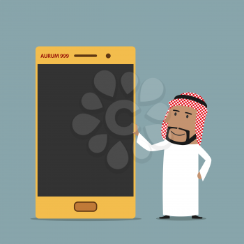Wealth or boast promotion concept. Cartoon arabian businessman presenting  and boasting of golden mobile phone